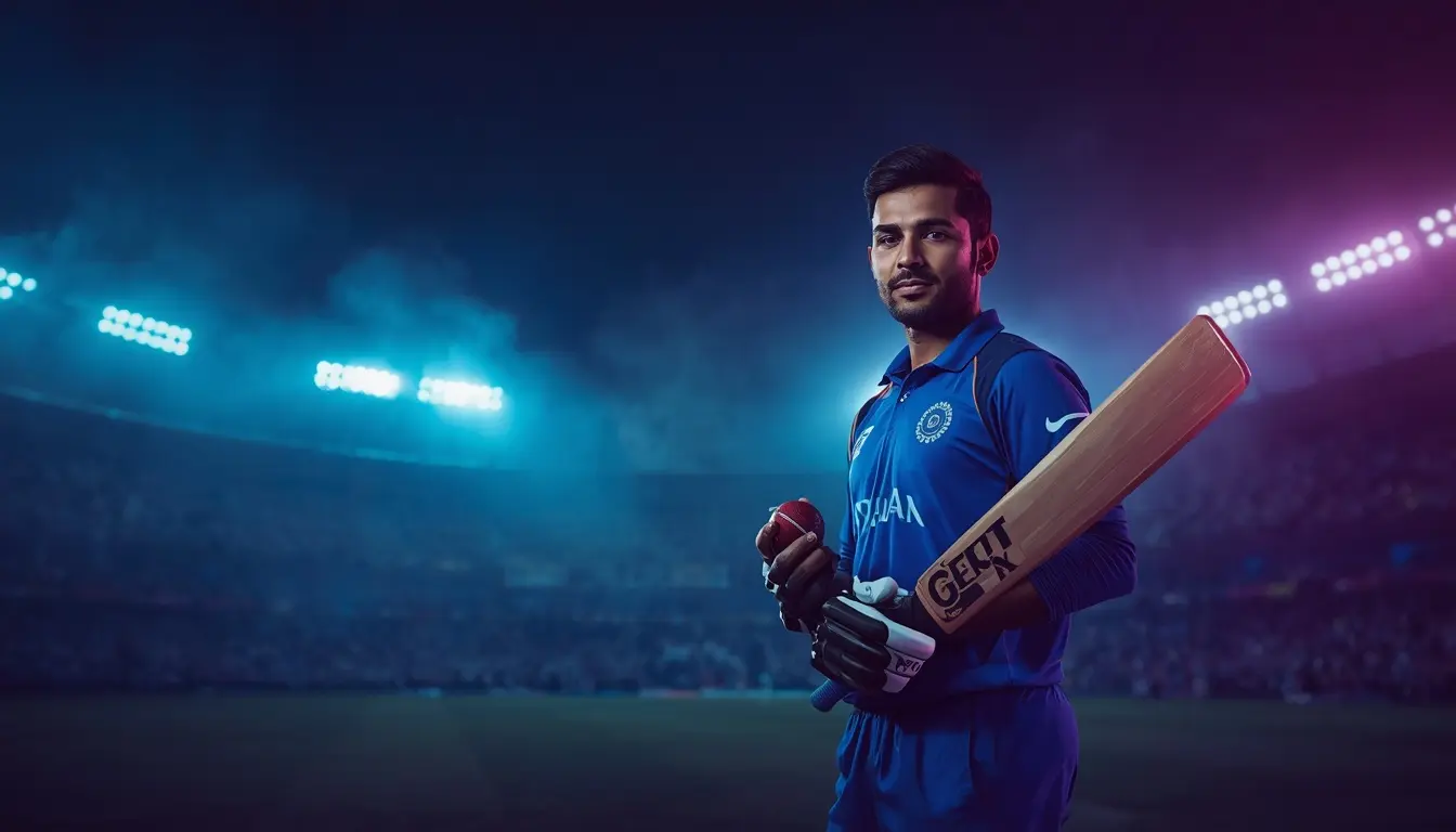 Cricket player in a floodlit Indian stadium for the 1xBet India guide