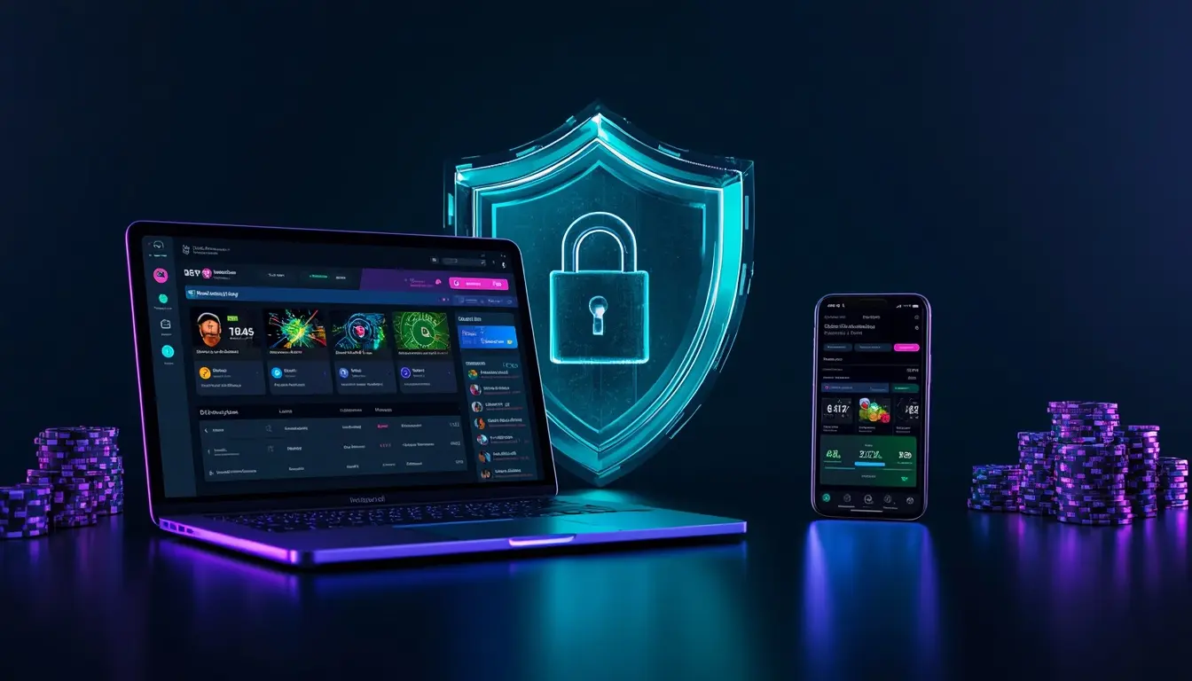 Laptop and smartphone showing secure 1xBet account and login features