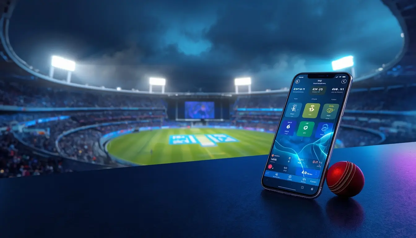 Smartphone and cricket ball overlooking a floodlit Indian cricket stadium