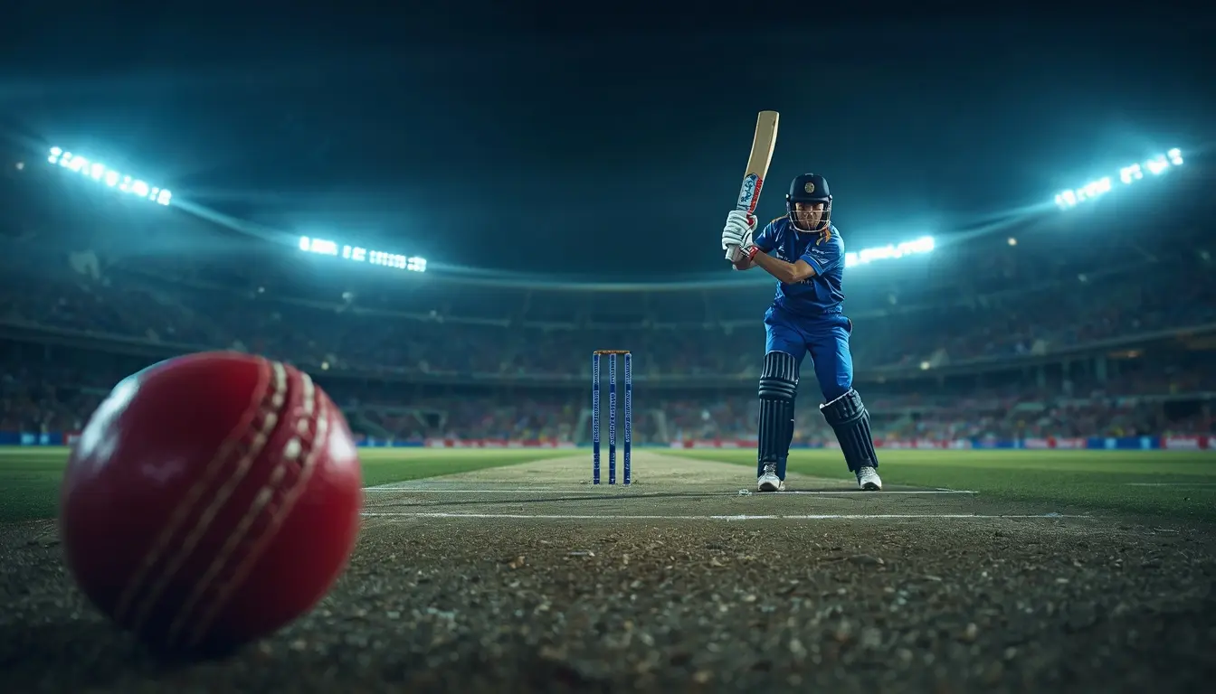 Cricket batsman playing under stadium lights during a night match in India